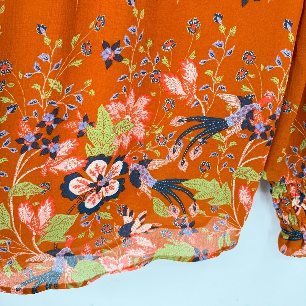 Anthropologie Womens XS Blouse Floral Chiffon Bird Print Ruffle Neck Smocked - Picture 7 of 11